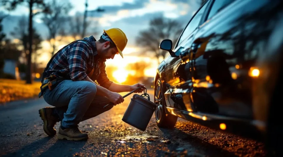 A professional Ron's Towing Co. technician using specialized lockout tools to safely unlock a sedan in Gresham at dusk.