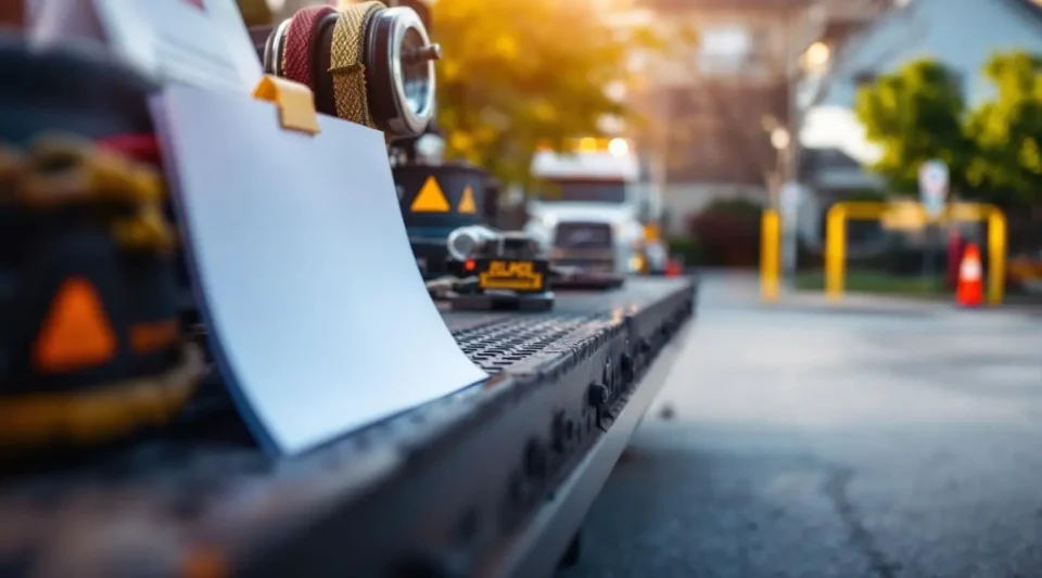A Ron's Towing Co. flatbed truck operator securing a weathered, non-running car for removal on a Gresham residential street.